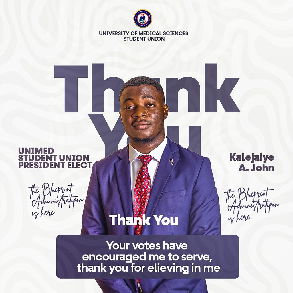 themobolaji's tweet image. Thank you, UNIMED 
You didn’t just vote for a person..you voted for a plan.

The Blueprint isn’t here to make promises. We came with a strategy, and we’ve already started working.
No excuses. Just results.

Kalejaiye A. John 
SU President - ELECT 
#UNIMED #TheBlueprint