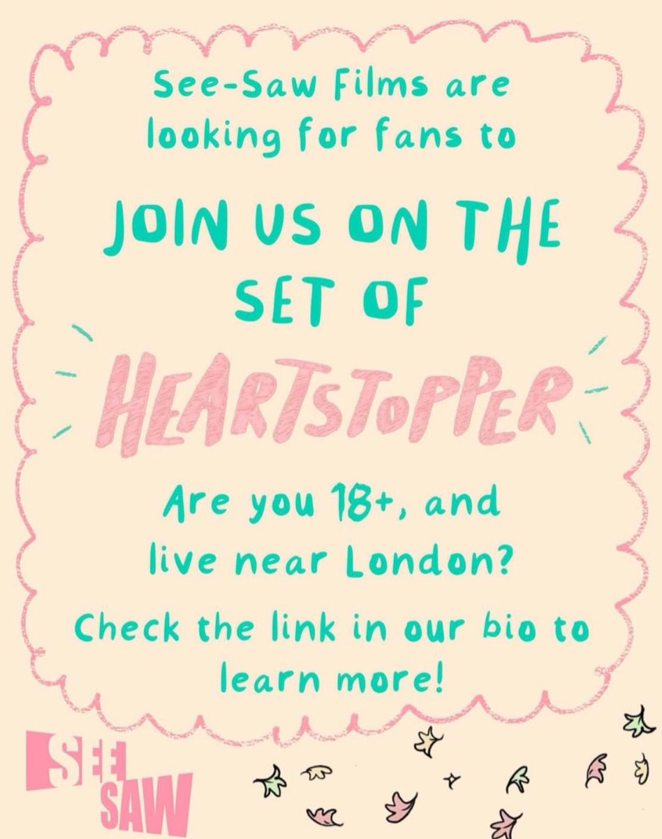 thomasduke98's tweet image. Want to go on the set of ‘Heartstopper’? Go check out See-Saw Films IG page! Sounds like a fun opportunity 🍂