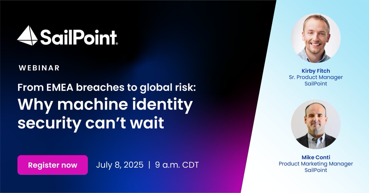 The fastest growing risk in identity security today isn't human. It's machine. Join us for a webinar on July 8 at 9 am CT to explore how to address this issue with SailPoint Machine Identity Security: slpnt.co/44QcEZ5