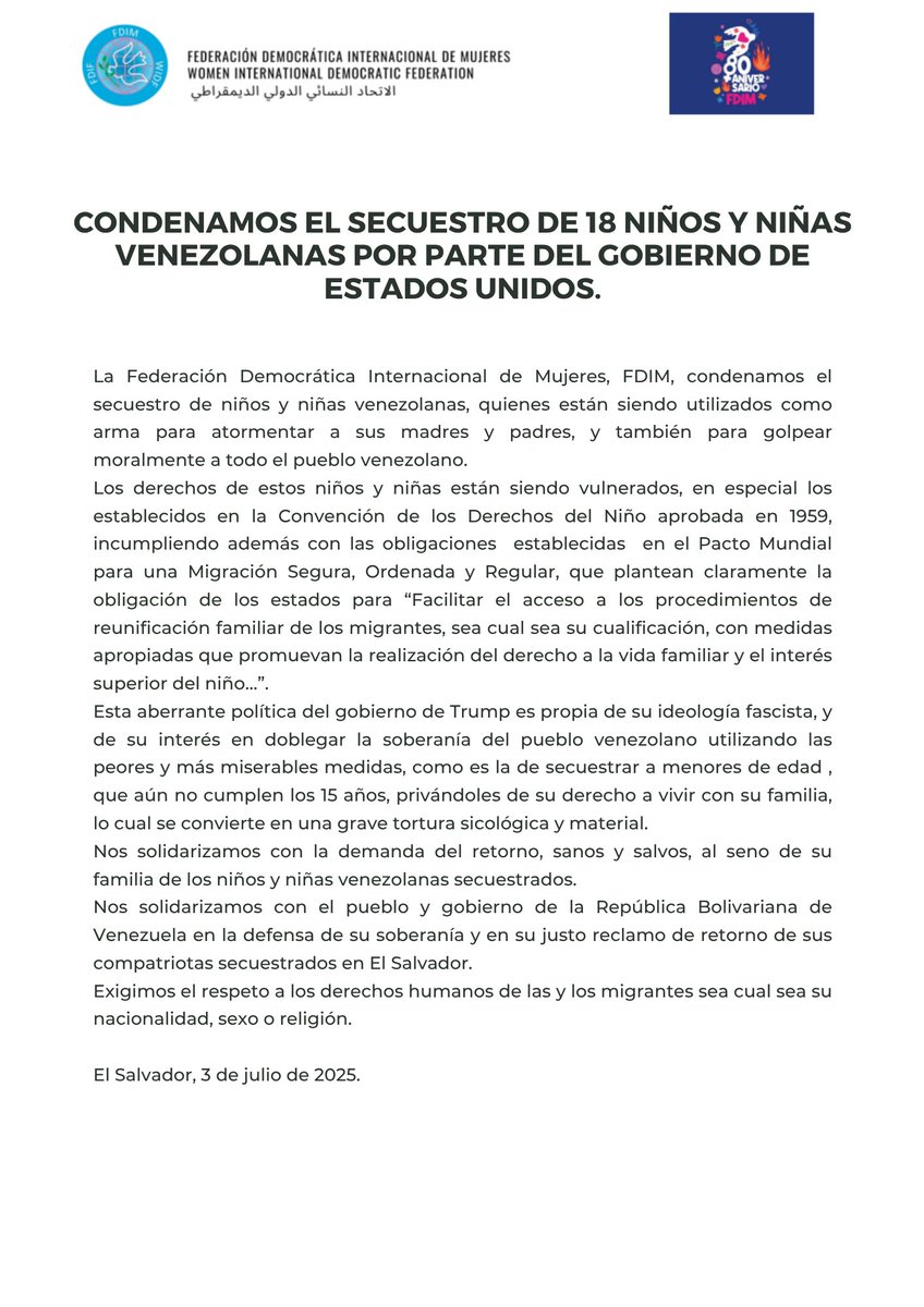CONDENAMOS EL SECUESTRO DE NIÑOS Y NIÑAS VENEZOLANOS EN ESTADOS UNIDOS. #FDIM80