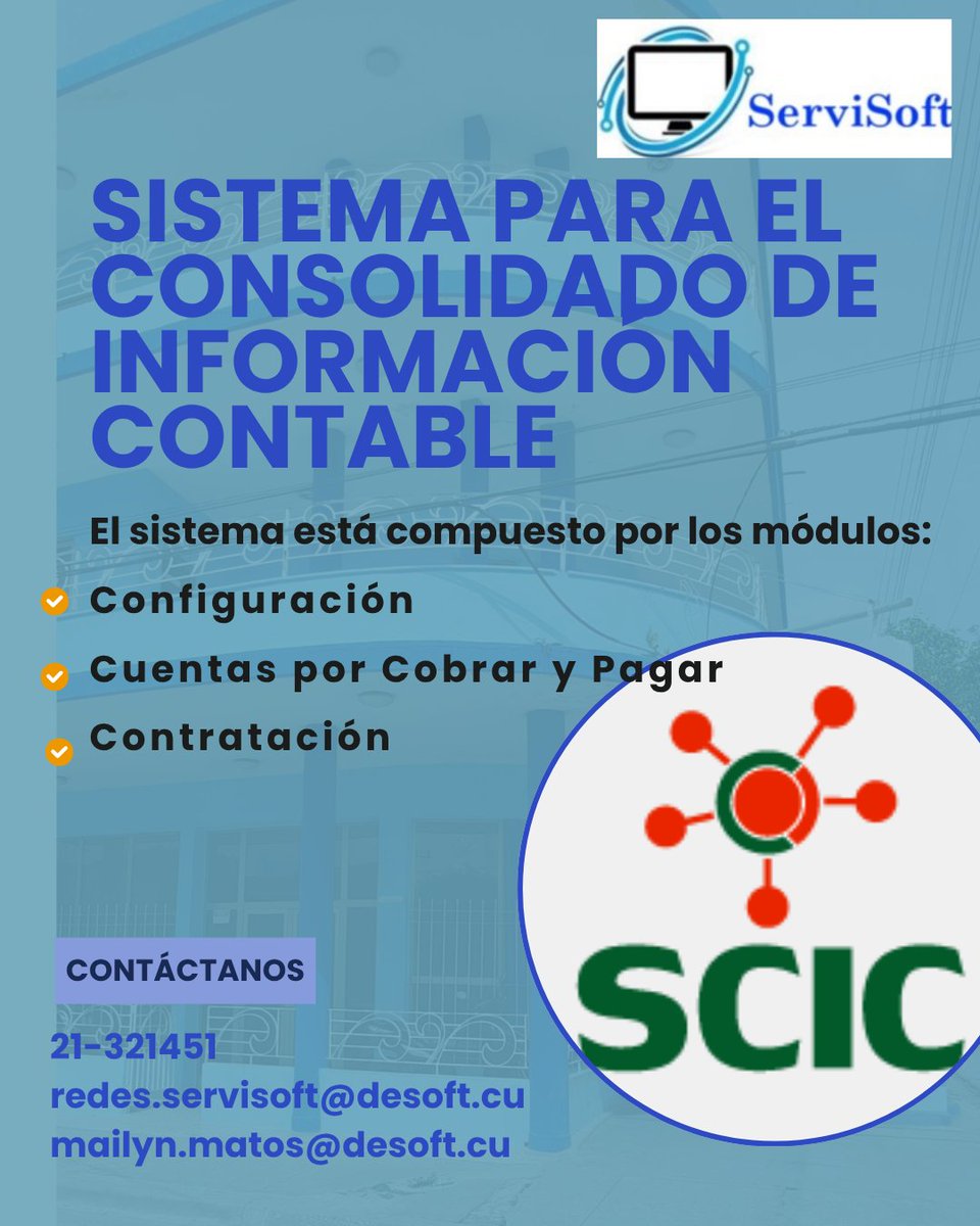 Estimado usuario 
Sabías que ServiSoft SURL les tiene una herramienta que agiliza el proceso de consolidar sus informaciones contables? 
El Sistema SCIC consiste en el consolidado de información referente al cuadre de las cuentas de operaciones entre dependencias en las unidades.