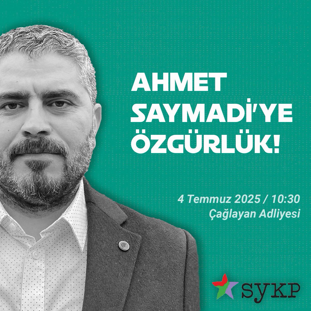 Yarın 10.30’da Çağlayan Adliyesi'nde yoldaşımız Ahmet Saymadi için buluşuyoruz.
Halkların ortak mücadelesi yargılanamaz!
HDK'yi, dayanışmayı, barışı ve eşitliği savunmak suç değildir !
#HDKTutsaklarınaÖzgürlük <a href="/ahmetsaymadi/">Ahmet Saymadi</a> <a href="/SYKPgenelmerkez/">𝗦𝗬𝗞𝗣</a>