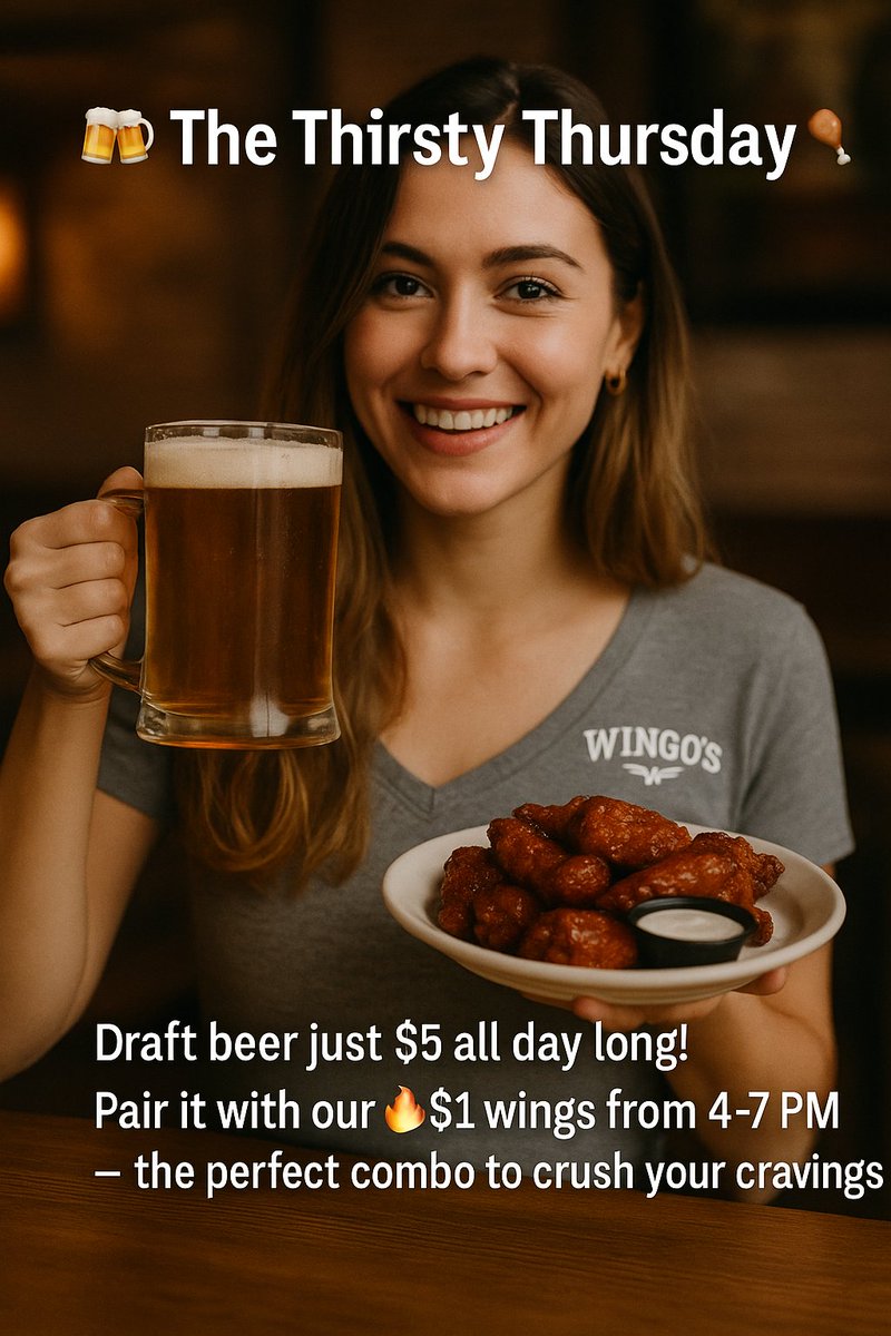 🍻 The Thirsty Thursday 🍗
Draft beer just $5 all day long!
Pair it with our 🔥 $1 wings from 4–7 PM — the perfect combo to crush your cravings.
Kick back, sip up, and wing it with us at Wingo’s Glover Park! Tem is your server so please give him a high five!

#ThirstyThursday
