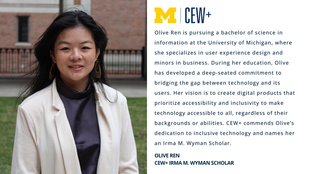 CEWatUM's tweet image. Olive Ren is pursuing a bachelor of science in information at @umsi. Her vision is to create digital products that prioritize accessibility and inclusivity to make technology accessible to all, regardless of their backgrounds or abilities. bit.ly/4neDtOT