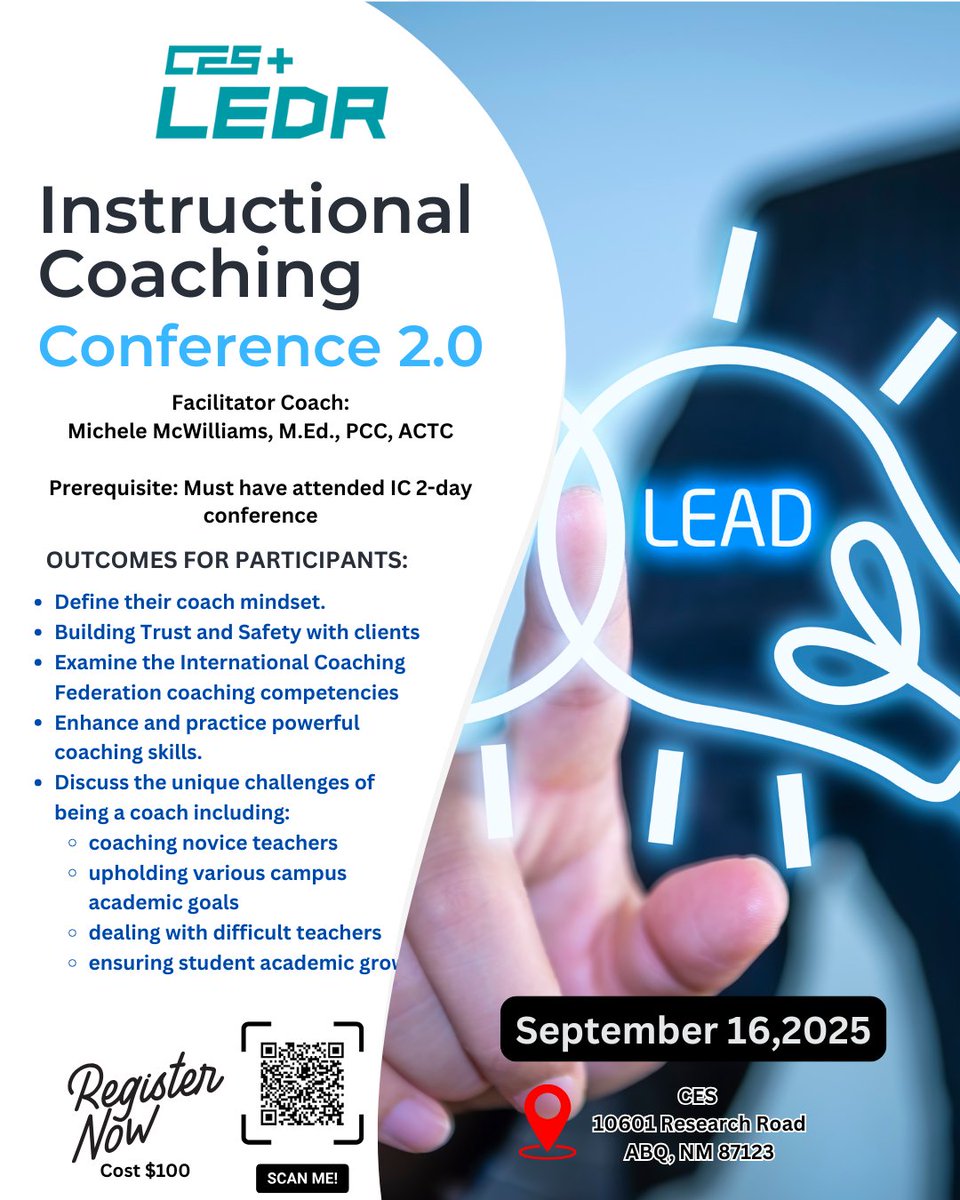 📢 Instructional Coaching Conference! 🗓️ Aug 12–13 in ABQ. Define your role, build your skills, face coaching challenges. 

🚀 Instructional Coaching 2.0 is here! 🗓️ Sept 16 in ABQ. Deepen skills, tackle challenges, lead with confidence. Prereq: IC 2-day. 
Register today!

#ces