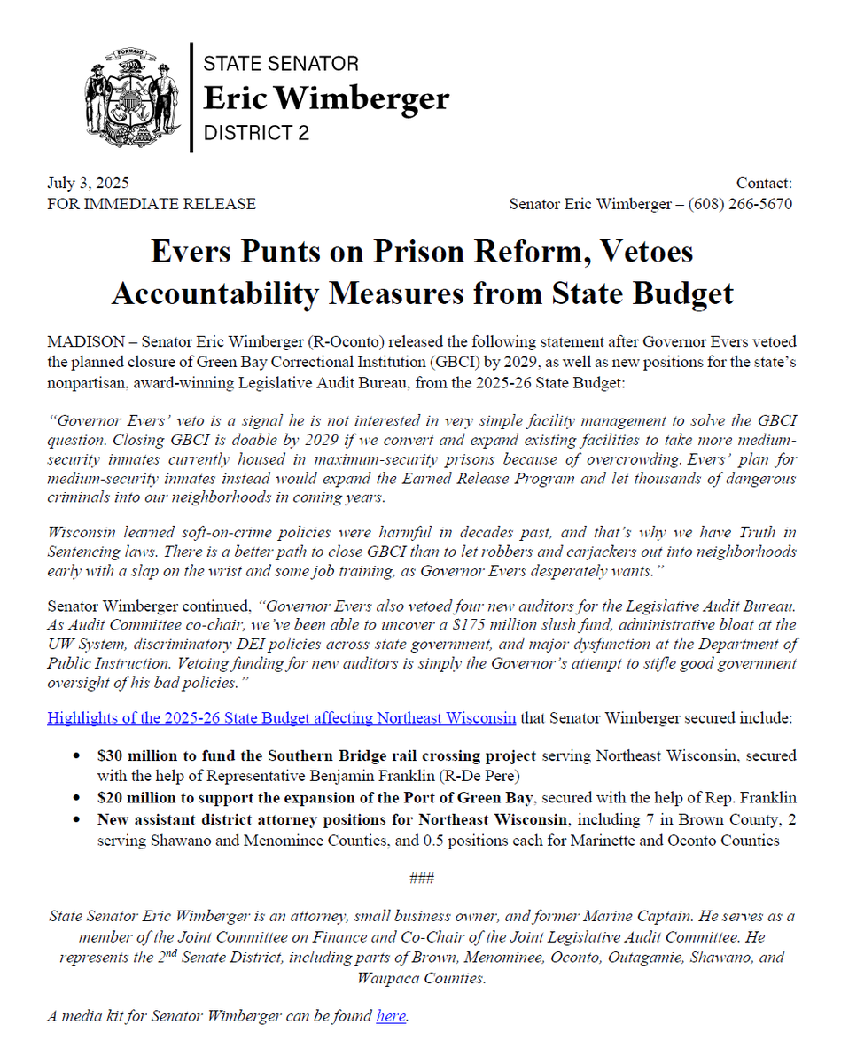EricWimberger's tweet image. Despite signing the new State Budget last night, Governor Evers vetoed closing GBCI by 2029, as well as funding for new auditors who hold state government accountable.
Wisconsinites deserve transparent, open government that works for them. Deleting auditor positions and erasing…
