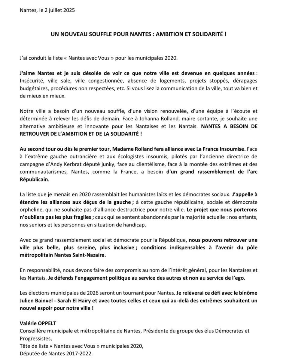 Valérie Oppelt (@valerie_oppelt) on Twitter photo Notre ville a besoin d'un nouveau souffle, d'une vision renouvelée, d'une équipe à l'écoute et déterminée à relever les défis de demain. #Nantes a besoin de retrouver de l’ambition et de la solidarité !
<a href="/julienbainvel/">Julien Bainvel</a> <a href="/sarahelhairy/">Sarah EL HAÏRY</a> #Nantes2026
Retrouvez mon communiqué de presse👇 Notre ville a besoin d'un nouveau souffle, d'une vision renouvelée, d'une équipe à l'écoute et déterminée à relever les défis de demain. #Nantes a besoin de retrouver de l’ambition et de la solidarité !
<a href="/julienbainvel/">Julien Bainvel</a> <a href="/sarahelhairy/">Sarah EL HAÏRY</a> #Nantes2026
Retrouvez mon communiqué de presse👇