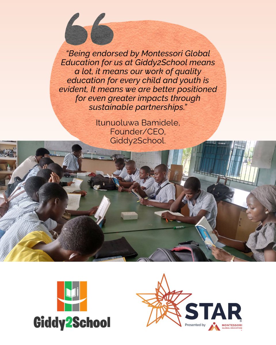 Montessori Global Education (@montessori_ged) on Twitter photo We proudly recognise <a href="/Giddy2School/">Giddy2School Nigeria 🇳🇬</a> for receiving STAR Endorsement - a reflection of their deep commitment to child-centred learning and empowering communities.
To learn more about their work: bit.ly/STAREndorsemen…
Find out more about STAR Endorsement: bit.ly/STAR_Endorseme… We proudly recognise <a href="/Giddy2School/">Giddy2School Nigeria 🇳🇬</a> for receiving STAR Endorsement - a reflection of their deep commitment to child-centred learning and empowering communities.
To learn more about their work: bit.ly/STAREndorsemen…
Find out more about STAR Endorsement: bit.ly/STAR_Endorseme…