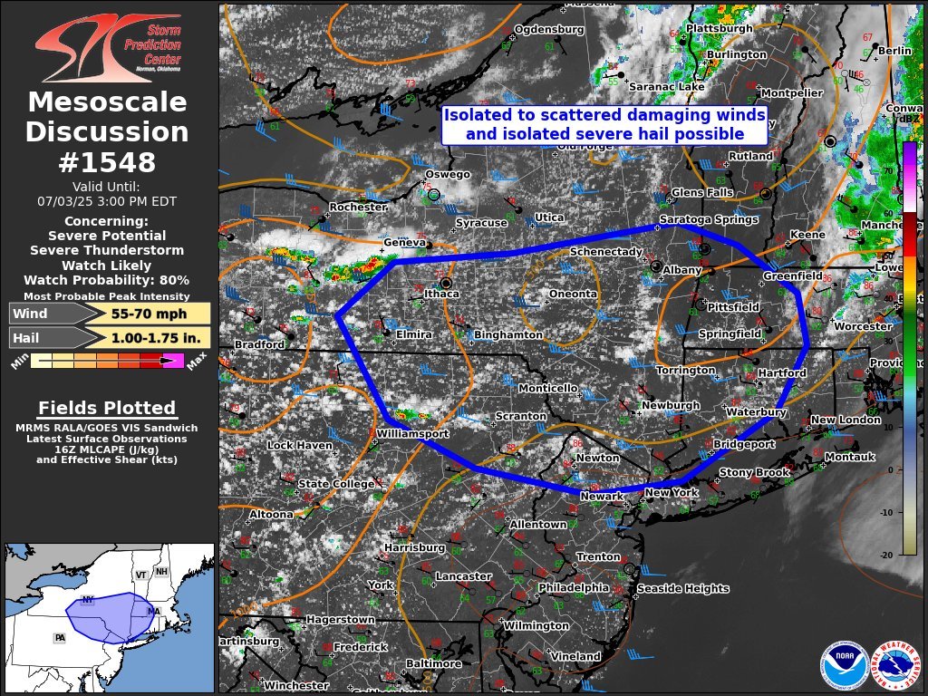 A Severe Thunderstorm Watch is likely within the next hour. Watch prob: 80%.