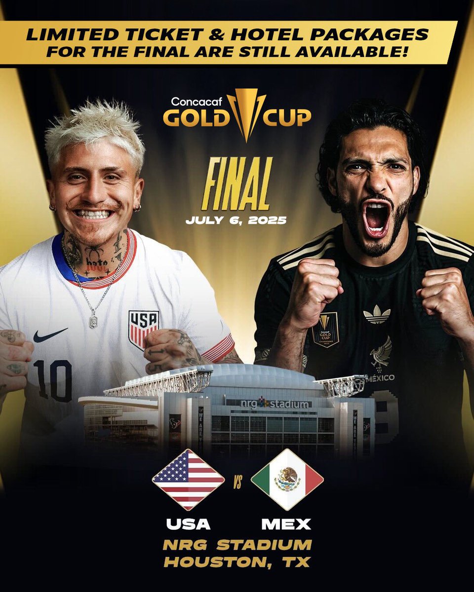 jampack_it's tweet photo. 🇺🇸🇲🇽 The stage is set! United States vs. Mexico in the 2025 Concacaf Gold Cup Final 🏆

 📍 NRG Stadium, Houston
 📅 Sunday, July 6

Don’t miss the biggest showdown in North America — limited ticket &amp; hotel packages still available! 🎟️🏨

#GoldCupFinal #USAvMEX #CONCACAF https://t.co/sYtkKrCbm1