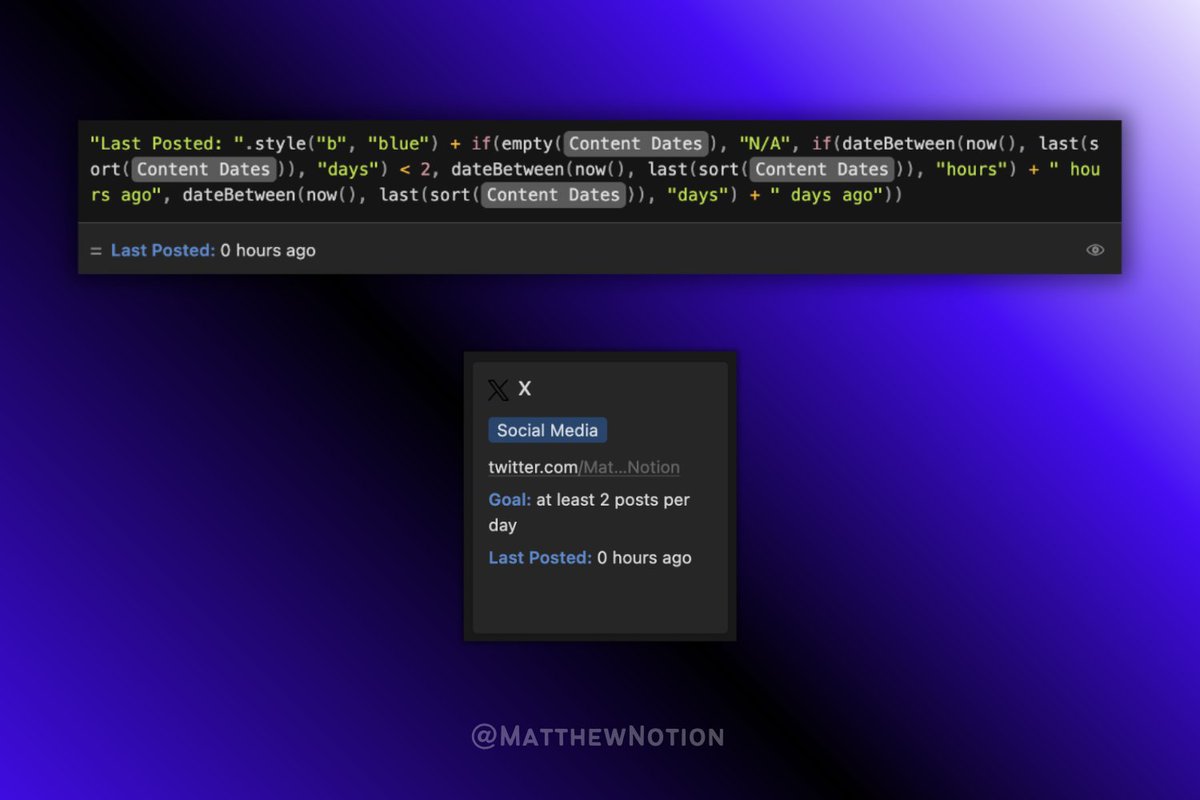 Quick Notion Tip:

Last activity formula.

Who doesn't like to see the last time they did something?

Equipment you’ll need:

🔹 2 databases connected to each other with relation
🔹 Date property in the one where you track date and time
🔹 Rollup on the other database to bring