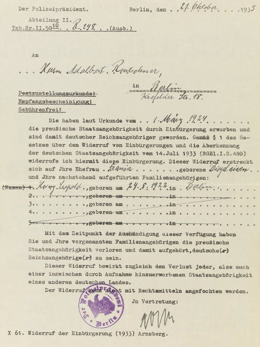 Now too in America. 
"… if the naturalization cannot be regarded as desirable," it may "be  revoked" says the law passed by the Reich government on 14 July 1933 legitimizing "the revocation of naturalizations and the  annulment of German citizenship."
jmberlin.de/1933/en/10_21_…