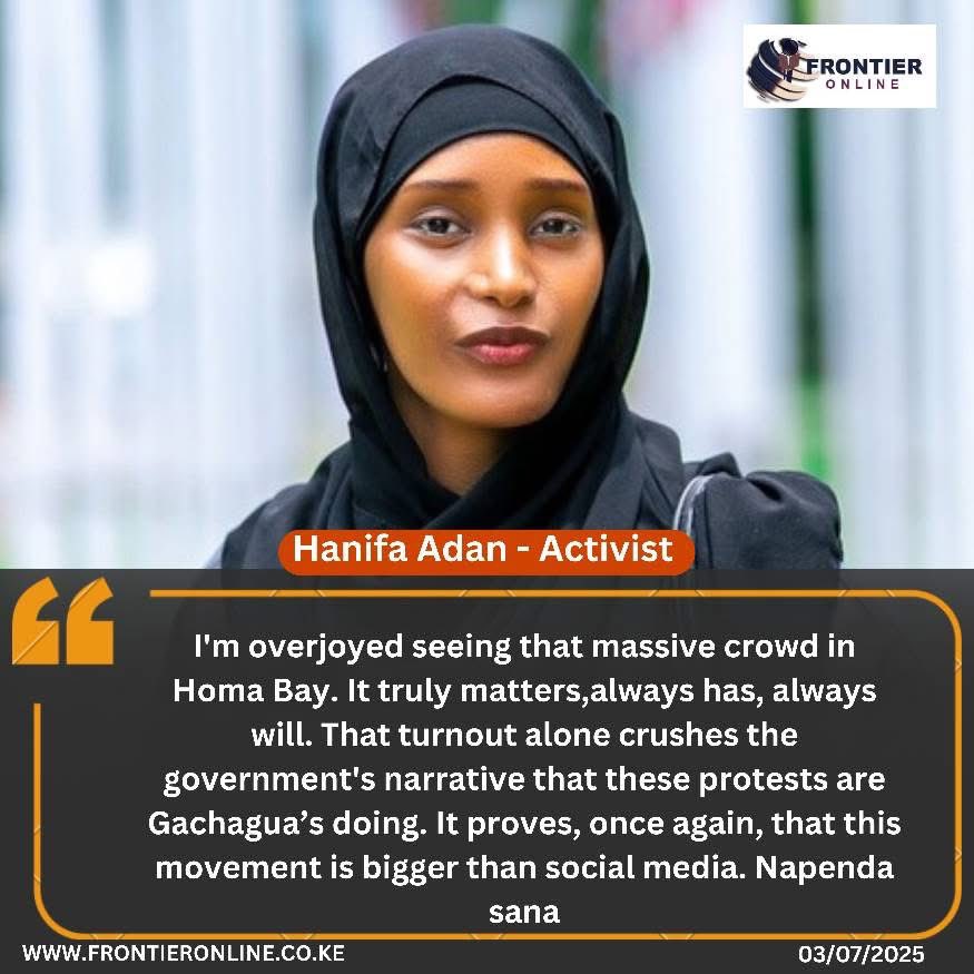 Activist Hanifa Adan says she is happy to see the large crowd in Homa Bay during blogger Albert Ojwang's burial, adding that the strong turnout proves the protests are not led by Deputy President Gachagua, but are a real people’s movement beyond social media.