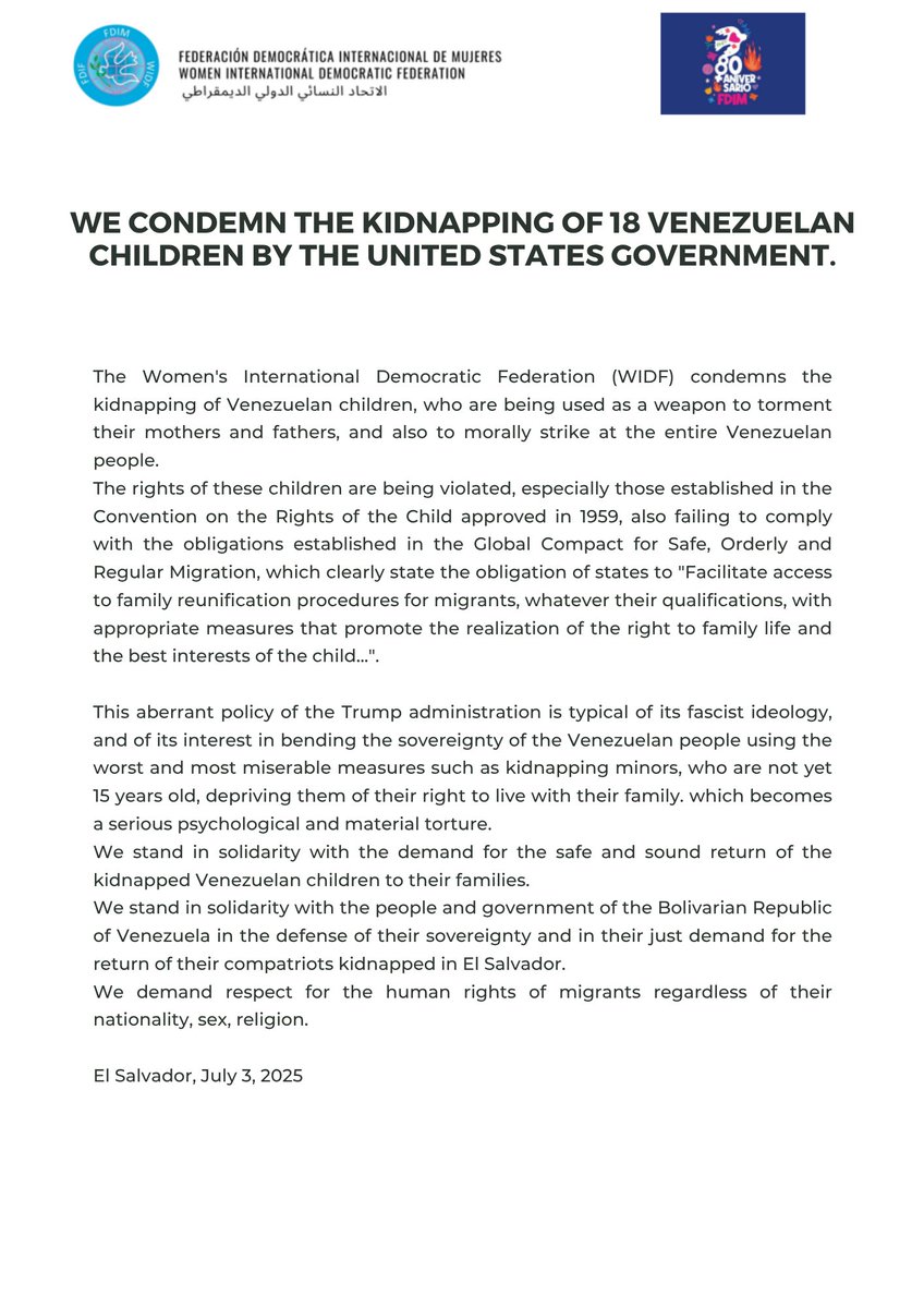We condemn the kidnapping of 18 venezuelan children by the United States government