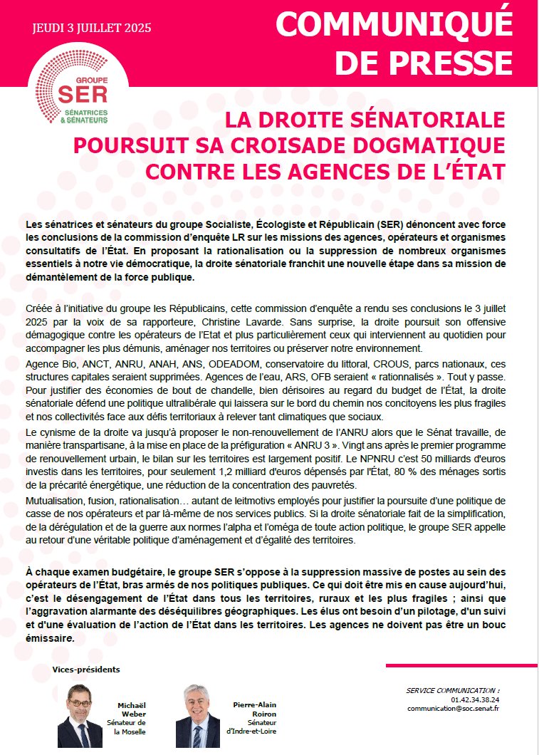 Sénatrices et sénateurs socialistes 🇪🇺 (@senateursps) on Twitter photo 🔴 Nous refusons que les agences de l'État soient le bouc émissaire du désengagement de l'action de l'État pour les territoires !
Retrouvez notre communiqué de presse ⤵️ 🔴 Nous refusons que les agences de l'État soient le bouc émissaire du désengagement de l'action de l'État pour les territoires !
Retrouvez notre communiqué de presse ⤵️