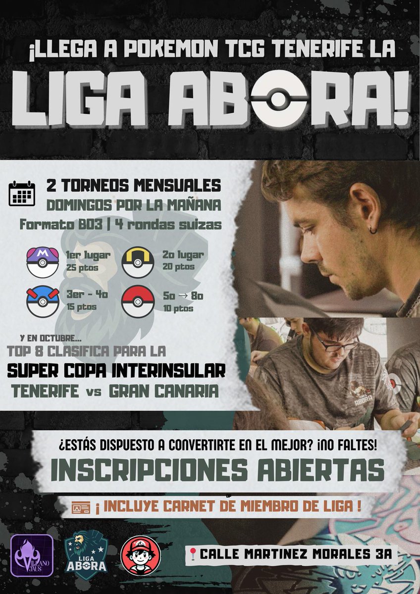 🃏🔥 ¡Llega la Liga Pokémon TCG  Abora! 🔥🃏
📆 2 torneos al mes
🎮Formato BO3, 4 rondas suizas
🏆¡El Top 8 clasifica a la Supercopa  vs Gran Canaria!
🎟️ ¡Inscripciones abiertas! Carnet de liga incluido
📍 C/ Martínez Morales 3A#PokemonTCG 
#Tenerife #LigaAbora <a href="/PokemonCanarias/">PokemonCanarias</a>