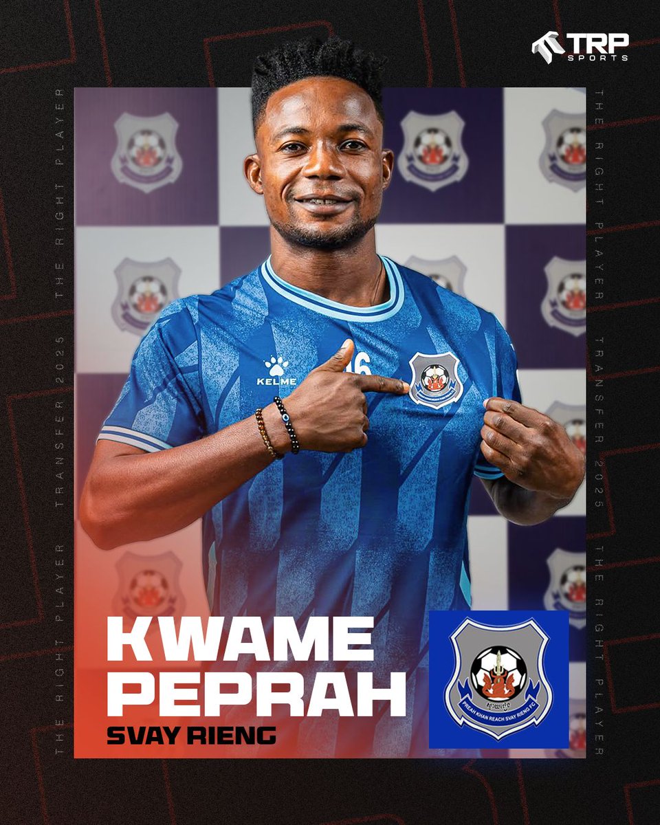 TRPSports's tweet photo. Delighted to announce Kwame Peprah’s move to Svay Rieng FC! ⏭️
A step forward in his journey with the champions of Cambodia.
In collaboration with Premier Sports Agency and Bridge for Talents . 🙌🏼

#TRPSports #TalentManagement https://t.co/2Tzse4szg6