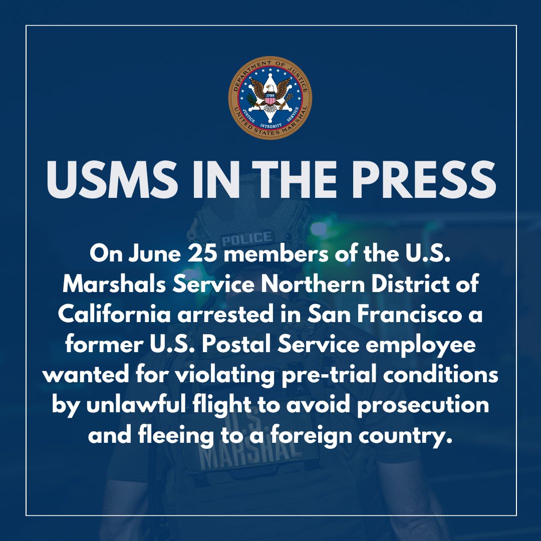 U.S. Marshals Service (@usmarshalshq) on Twitter photo U.S. Marshals Arrest Fugitive at San Francisco International Airport
usmarshals.gov/news/press-rel…
#USMarshals <a href="/StateDeptDSS/">Diplomatic Security Service</a> U.S. Marshals Arrest Fugitive at San Francisco International Airport
usmarshals.gov/news/press-rel…
#USMarshals <a href="/StateDeptDSS/">Diplomatic Security Service</a>