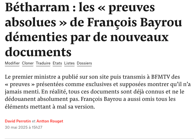 davidperrotin's tweet image. Sur BFMTV, Bayrou ment encore et encore sur Bétharram. Il prétend ne jamais avoir menti et dit avoir publié « toutes les preuves ». « Je suis le seul ministre à être intervenu », ose-t-il.
5 mois après, tout est toujours faux
➡️mediapart.fr/journal/france…