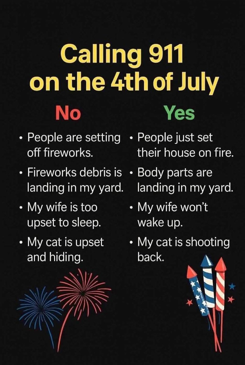 OK, if the cat is shooting back, call 911. Otherwise, be kind to your emergency dispatchers and let the small stuff slide.

A house or person on fire? Call 911.
You're annoyed by the noise? Hold off.

Happy Fourth of July this week! 

#HappyFourthOfJuly #FourthOfJuly