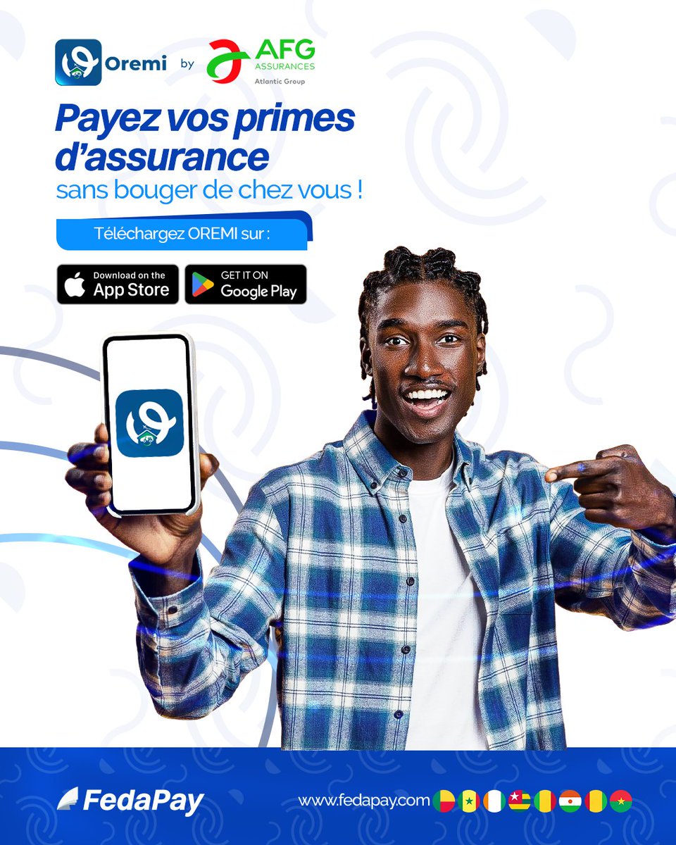 fedapay's tweet photo. đą AssurĂ©s AFG, bonne nouvelle !
Payez vos primes dâassurance facilement via lâappli OREMI avec FedaPay, sans vous dĂ©placer.
âą Web : https://t.co/Oc19qwrWRd
âą Android : https://t.co/P86kWb2f9L
âą iOS : https://t.co/9dWJukEBT7
#FedaPay #OREMI #AFGAssurances https://t.co/KZBwuOx8ZO