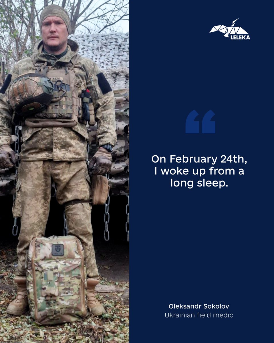 Leleka_FDN's tweet image. Oleksandr was a real estate broker in Odesa. On Feb 24, 2022, he woke up to war and became a frontline medic. “I chose to save lives. Leleka’s backpacks help me do that.” He’s treated hundreds.
Support medics. Save lives: leleka.care/en/donate