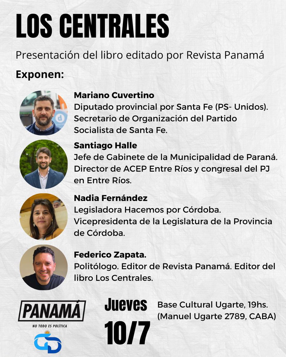 ⭕️ Presentación de libro |

"LOS CENTRALES: Bases y puntos de partida para un nuevo mapa político"

Editado por <a href="/PanamaRevista/">Panamá Revista</a> 

Participan: <a href="/mcuvertino/">Mariano Cuvertino</a>, <a href="/santiagojhalle/">Santiago Halle</a> y <a href="/NadiaFernandezV/">Nadia Fernández</a> 

Organizan: Panamá y <a href="/GenDesarrollo/">Generación para el Desarrollo</a>

✍️ Inscripción 
docs.google.com/forms/d/e/1FAI…
