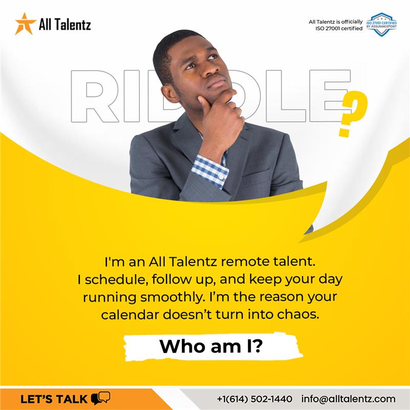 AllTalentz's tweet image. They may work behind the scenes, but they’re the real MVPs of getting things done.
Do you think you know the answer? Tell us in the comments 👇
(No peeking at someone else’s guess 😉)
#AllTalentz #RemoteTalent #AdminAssistant #SmartHiring #BehindTheScenesHeroes #TriviaTime