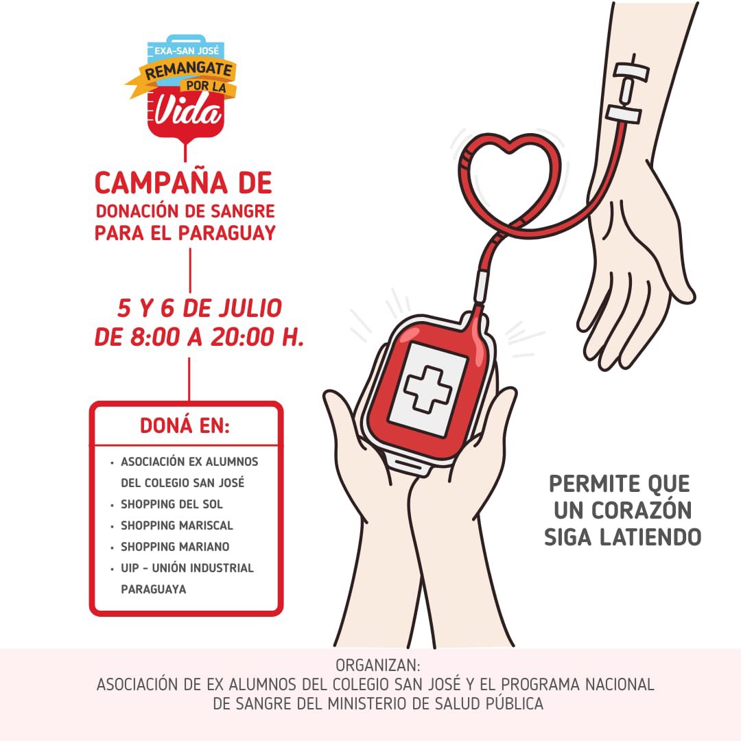 AMCHAM Paraguay (@amcham_py) on Twitter photo ¡Porque la solidaridad corre por las venas del país! 🇵🇾 Sé parte de <a href="/RemangatePy/">RemangatePorLaVida</a>. Este 5 y 6 de julio, de 08:00 a 20:00 horas, doná en:
📍Asociación de ex alumnos del Colegio San José, Shopping del Sol, Shopping Mariscal, Shopping Mariano y UIP - Unión Industrial Paraguaya ¡Porque la solidaridad corre por las venas del país! 🇵🇾 Sé parte de <a href="/RemangatePy/">RemangatePorLaVida</a>. Este 5 y 6 de julio, de 08:00 a 20:00 horas, doná en:
📍Asociación de ex alumnos del Colegio San José, Shopping del Sol, Shopping Mariscal, Shopping Mariano y UIP - Unión Industrial Paraguaya
