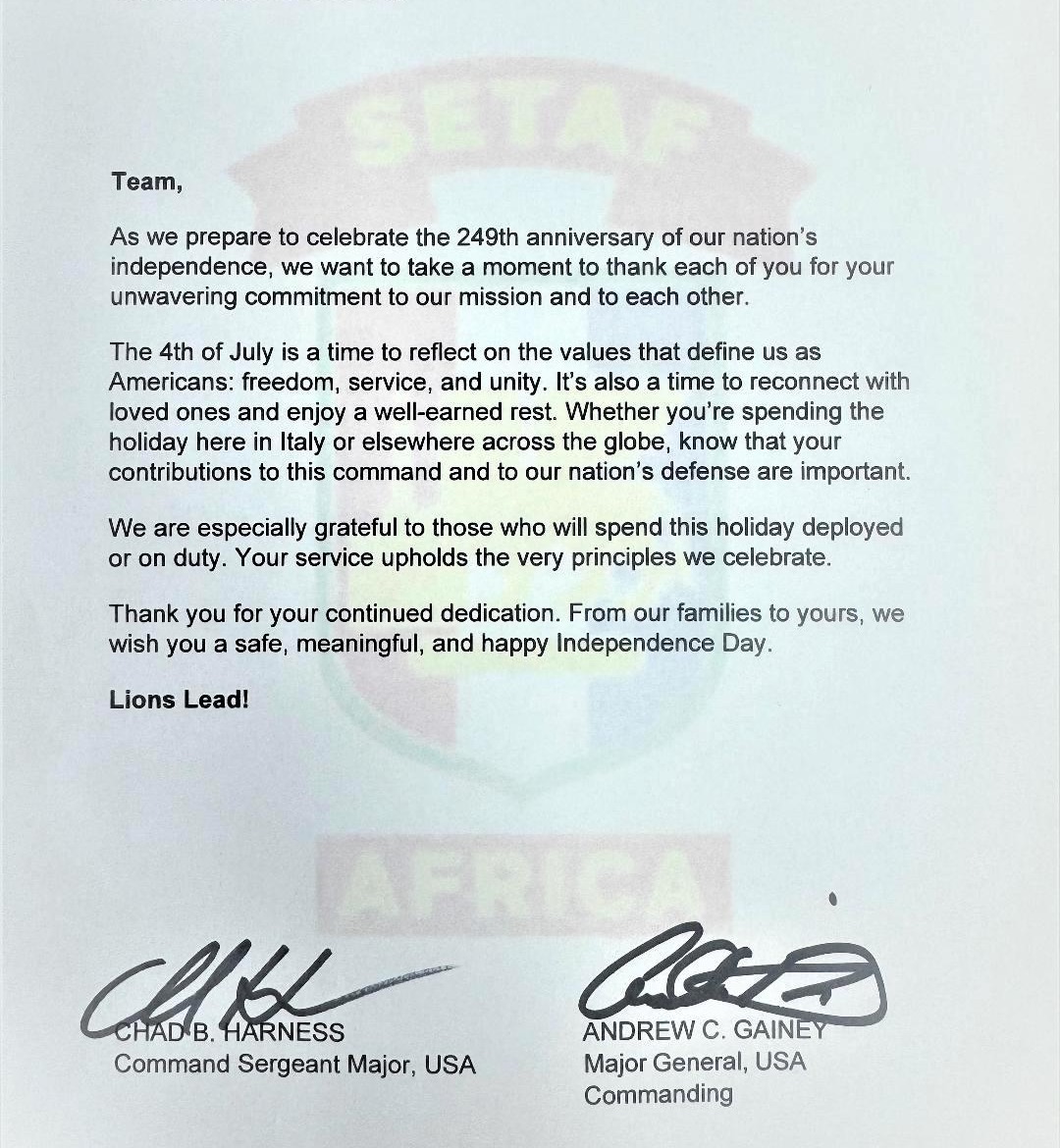 The 4th of July is a time to reflect on the #values that define us as American: freedom, service and unity.  For all of you serving at #SETAF, know your contributions to this command and to our nation's defense are important 🇺🇸 

Have a safe &amp; happy #IndependeceDay 🎆 #4thofJuly