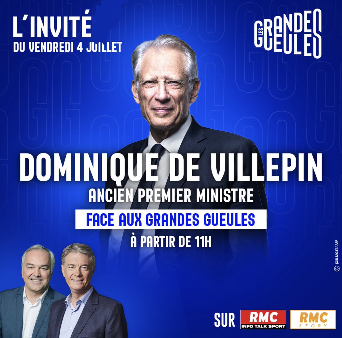 Les Grandes Gueules (@gg_rmc) on Twitter photo 🔴 À DEMAIN !
<a href="/Villepin/">Dominique de Villepin</a> sera face aux GG : <a href="/ZohraBitan/">Zohra Rose Bitan 🌹🎗️SoutienFD0🦩</a>, <a href="/poncet_bruno/">Bruno Poncet</a> et <a href="/CharlesConsigny/">Charles Consigny</a>.
-> Rdv dès 9h sur <a href="/RMCInfo/">RMC</a> & <a href="/RMCStory/">RMC Story</a> 🎙️📺 🔴 À DEMAIN !
<a href="/Villepin/">Dominique de Villepin</a> sera face aux GG : <a href="/ZohraBitan/">Zohra Rose Bitan 🌹🎗️SoutienFD0🦩</a>, <a href="/poncet_bruno/">Bruno Poncet</a> et <a href="/CharlesConsigny/">Charles Consigny</a>.
-> Rdv dès 9h sur <a href="/RMCInfo/">RMC</a> & <a href="/RMCStory/">RMC Story</a> 🎙️📺