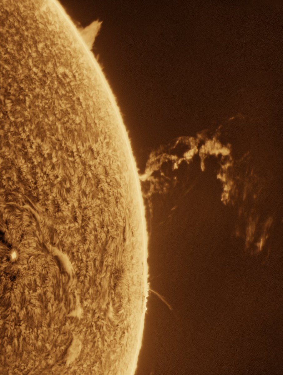 MBerto7's tweet image. Prominencia eruptiva a primera hora de la mañana (limbo oeste). El Sol estaba apenas a 12 grados sobre el horizonte.
En el otro limbo se producía otra erupción (4a imagen)

Long Perng 80 f6.25
Daystar Quark chromosphere 
P One Apollo-M Mini
P One ERF S-Series
Svbony UV IR cut