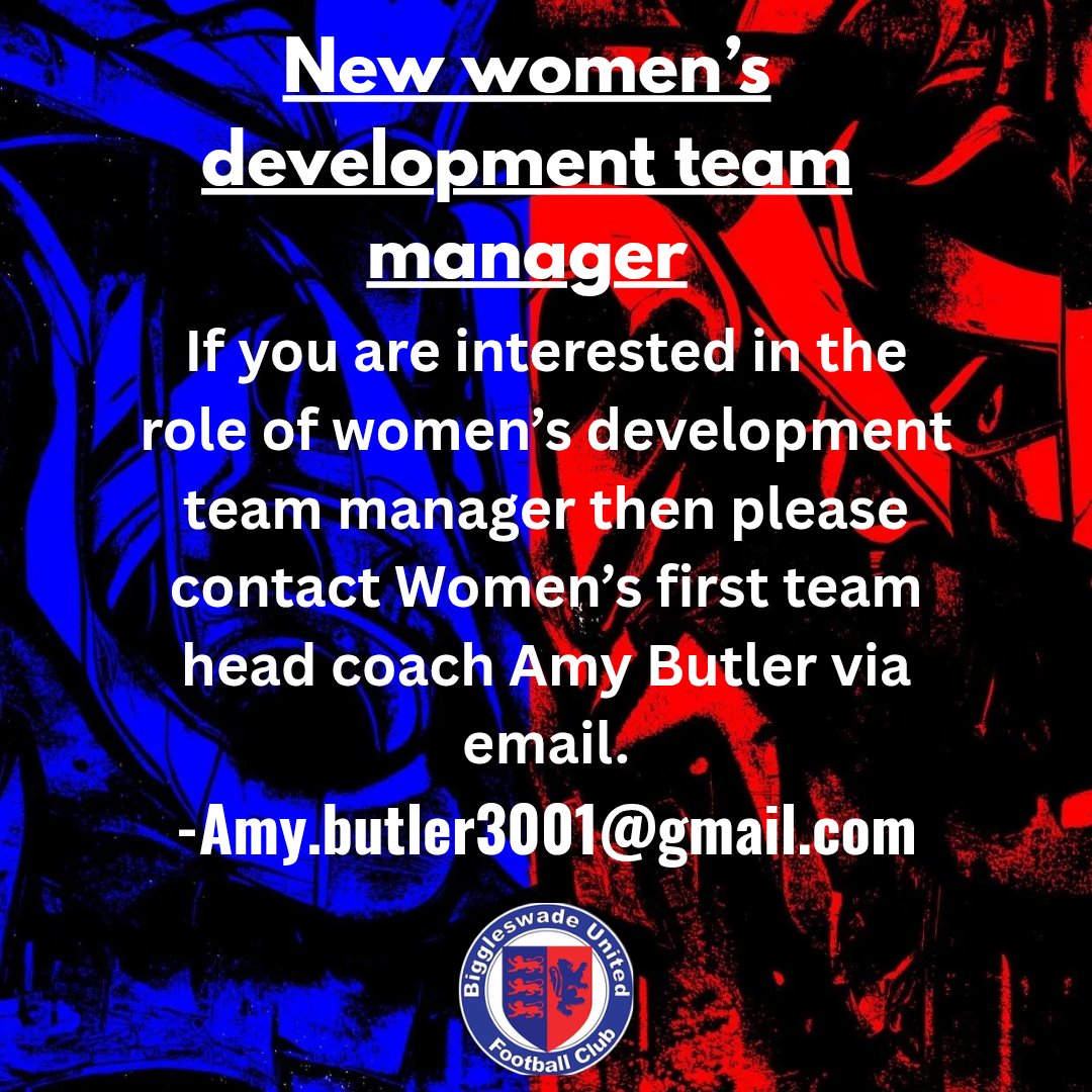 Biggleswade United (@biggleswadeutd) on Twitter photo <a href="/BedsFA/">Bedfordshire FA</a> <a href="/WomenBUFC/">Biggleswade United Women's Senior Teams</a> Reminder🔔 🔴🔵 Women's development team manager needed. If you are interested contact women's first team head coach Amy Butler. - Amy.butler3001@gmail.com <a href="/BedsFA/">Bedfordshire FA</a> <a href="/WomenBUFC/">Biggleswade United Women's Senior Teams</a> Reminder🔔 🔴🔵 Women's development team manager needed. If you are interested contact women's first team head coach Amy Butler. - Amy.butler3001@gmail.com