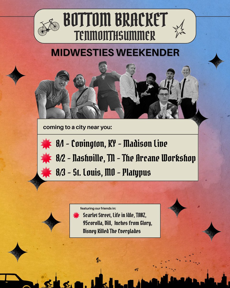 btmbrkt's tweet image. This August we’re hitting the road for a weekender with our dear friends in @tenmosummerband! Chicago emo lovers in Cincy, Nashville &amp;amp; STL rejoice ✨🏖️🚲
