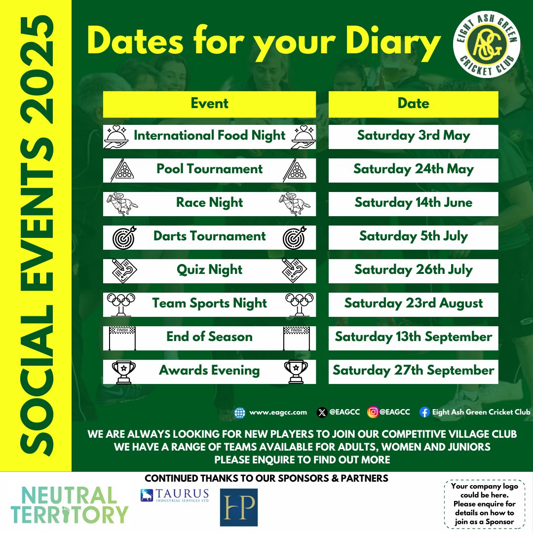 All members, family and friends are invited to our Food and Games Night on Saturday 5th July 🍔🎮
.
We hope to see lots of you there 🙌
.
Can't make this event? See the full list of social events this season ➡️
.
#EAGCC #EightAshGreenCricketClub #EightAshGreen #ComeOnTheGreen