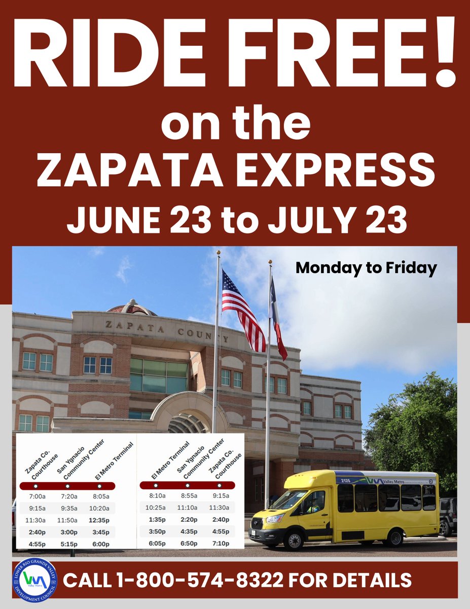 ValleyMetroRGV's tweet image. 🚍 Ride FREE on Zapata Express! 🎉
Valley Metro's new route connects Zapata County Courthouse ↔️ Laredo El Metro—and rides are FREE from June 23–July 23!
✅ No fares
✅ No hassle
✅ Just hop on and go!
#ZapataExpress #ValleyMetro #FreeRides #LaredoBound 🚎✨