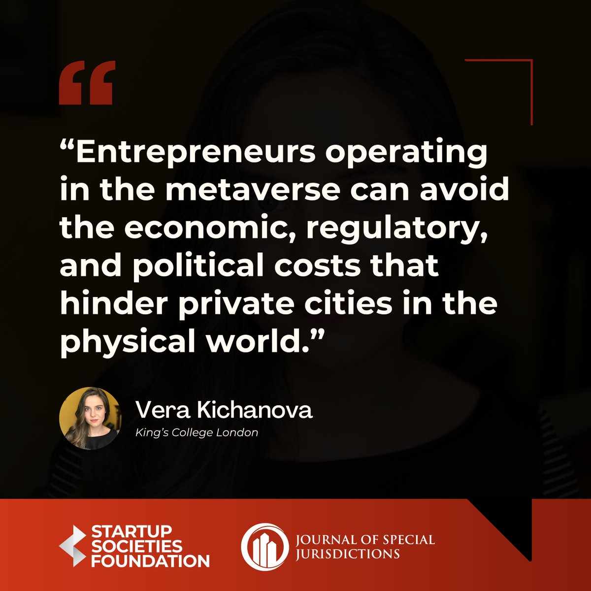 📌 Quote of the Week

In Issue IV, Vera Kichanova explains how entrepreneurs in the metaverse can bypass the costs that limit real-world private cities, offering new freedom to innovate in governance. 

📰 Read more: journalofspecialjurisdictions.com/index.php/jsj/…

#Metaverse #NetworkStates #Startups