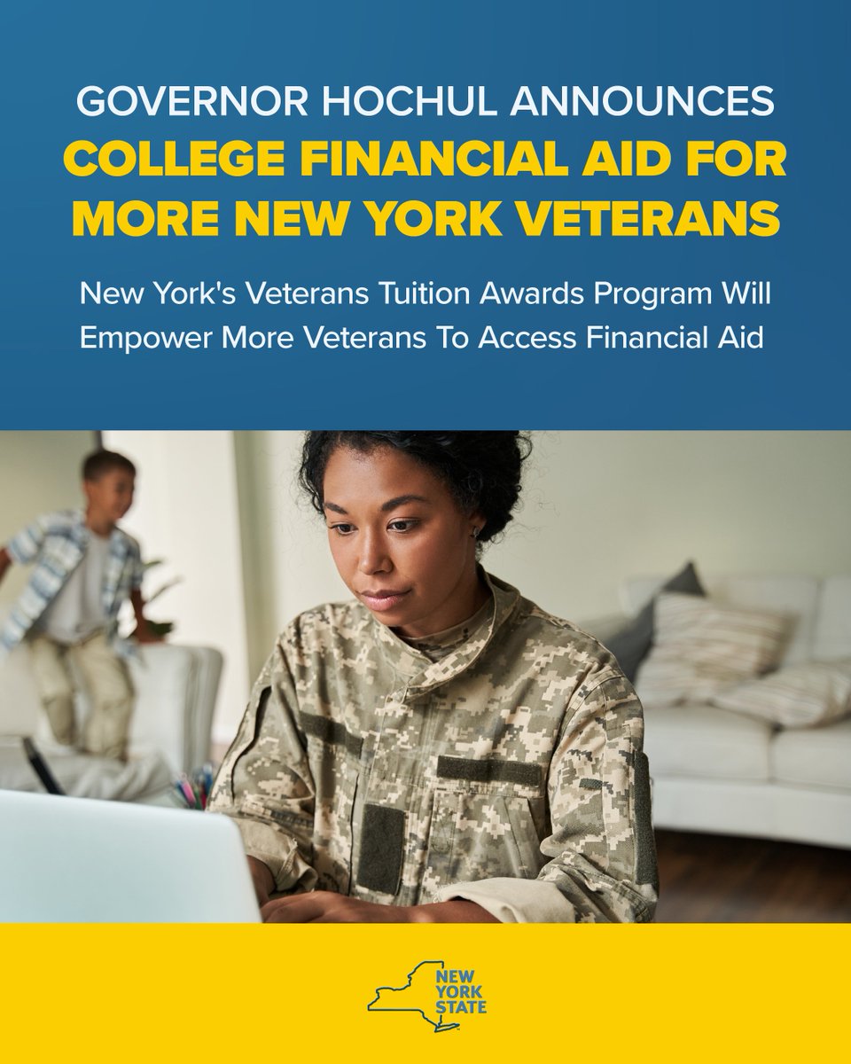 NYSStudentAid's tweet image. Yesterday, @GovKathyHochul announced the expansion of New York State’s Veterans Tuition Awards Program, which will enable more veterans to access critical financial aid for college.
Learn more: bit.ly/4keW4aF
#NYS #VeteransTuitionAwards @NewYorkVeterans