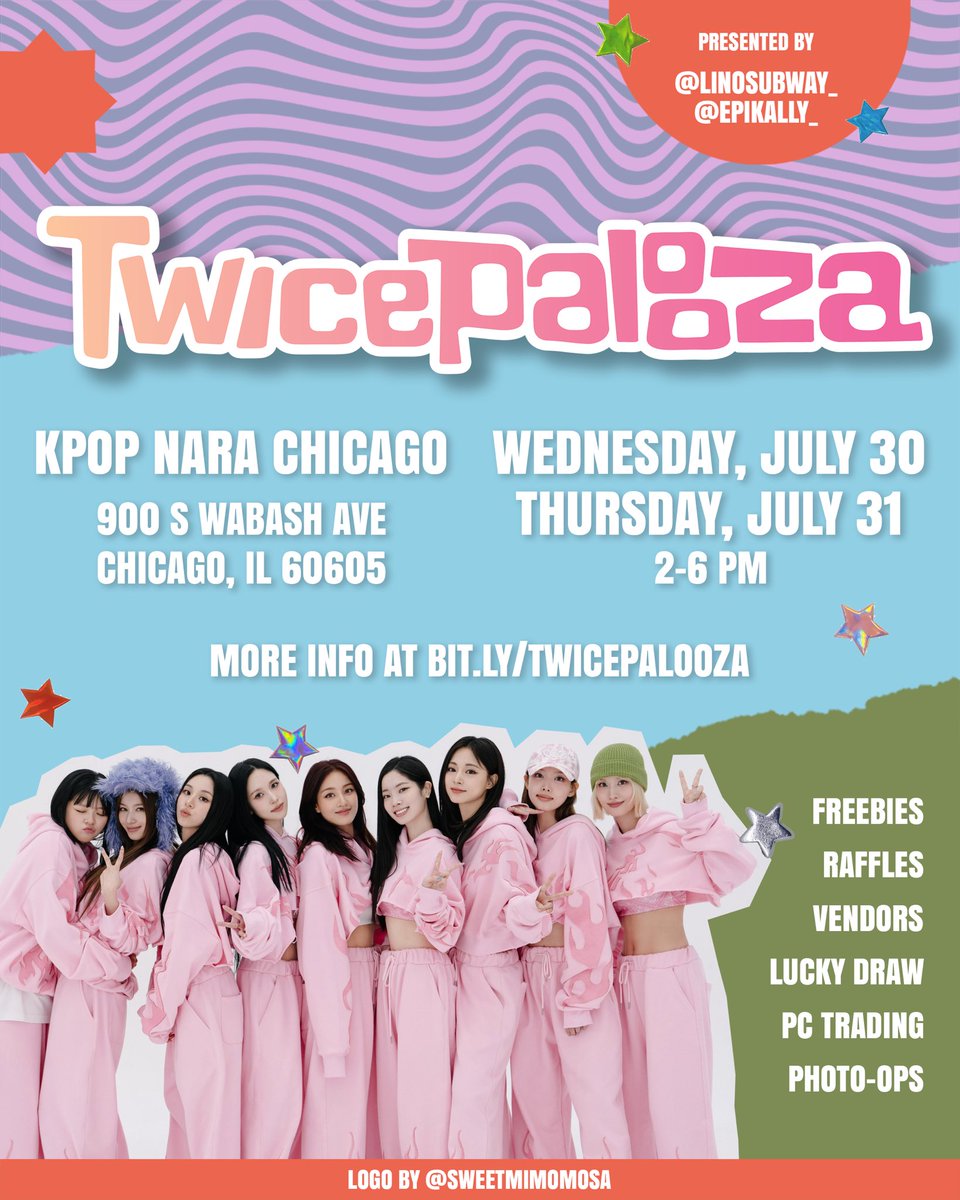 epikally_'s tweet image. ‧₊˚☆ TWICEpalooza ☆˚₊‧
📍 Kpop Nara Chicago
🗓 July 30-31, 2-6pm
Get festival-ready & celebrate @JYPETWICE headlining Lollapalooza at our free fan event in Chicago. Freebies, vendors, raffles & more! Shipping incl w/ festival tier.
More info at bit.ly/twicepalooza