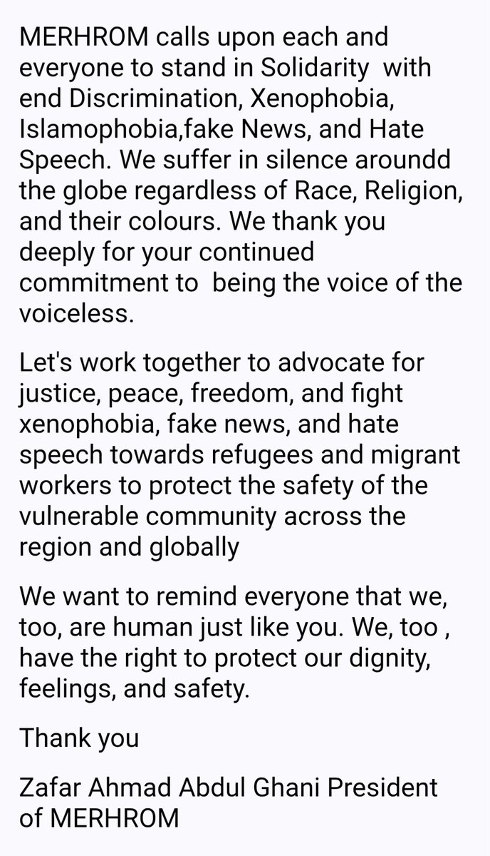 ZAFAR AHMAD ABDUL GHANI (@zafarahmadabdu2) on Twitter photo <a href="/UN_HRC/">UN Human Rights Council 📌 #HRC59</a> <a href="/dalitwomenrock/">Ashwini K.P</a> <a href="/UN/">United Nations</a> MERHROM calls upon each and everyone to stand in Solidarity with end discrimination, xenophobia, Islamophobia,fake news, and hate speech. We suffer in silence around the globe. We thank you deeply for your continued commitment to being the voice of the voiceless. #EndHateSpeech <a href="/UN_HRC/">UN Human Rights Council 📌 #HRC59</a> <a href="/dalitwomenrock/">Ashwini K.P</a> <a href="/UN/">United Nations</a> MERHROM calls upon each and everyone to stand in Solidarity with end discrimination, xenophobia, Islamophobia,fake news, and hate speech. We suffer in silence around the globe. We thank you deeply for your continued commitment to being the voice of the voiceless. #EndHateSpeech