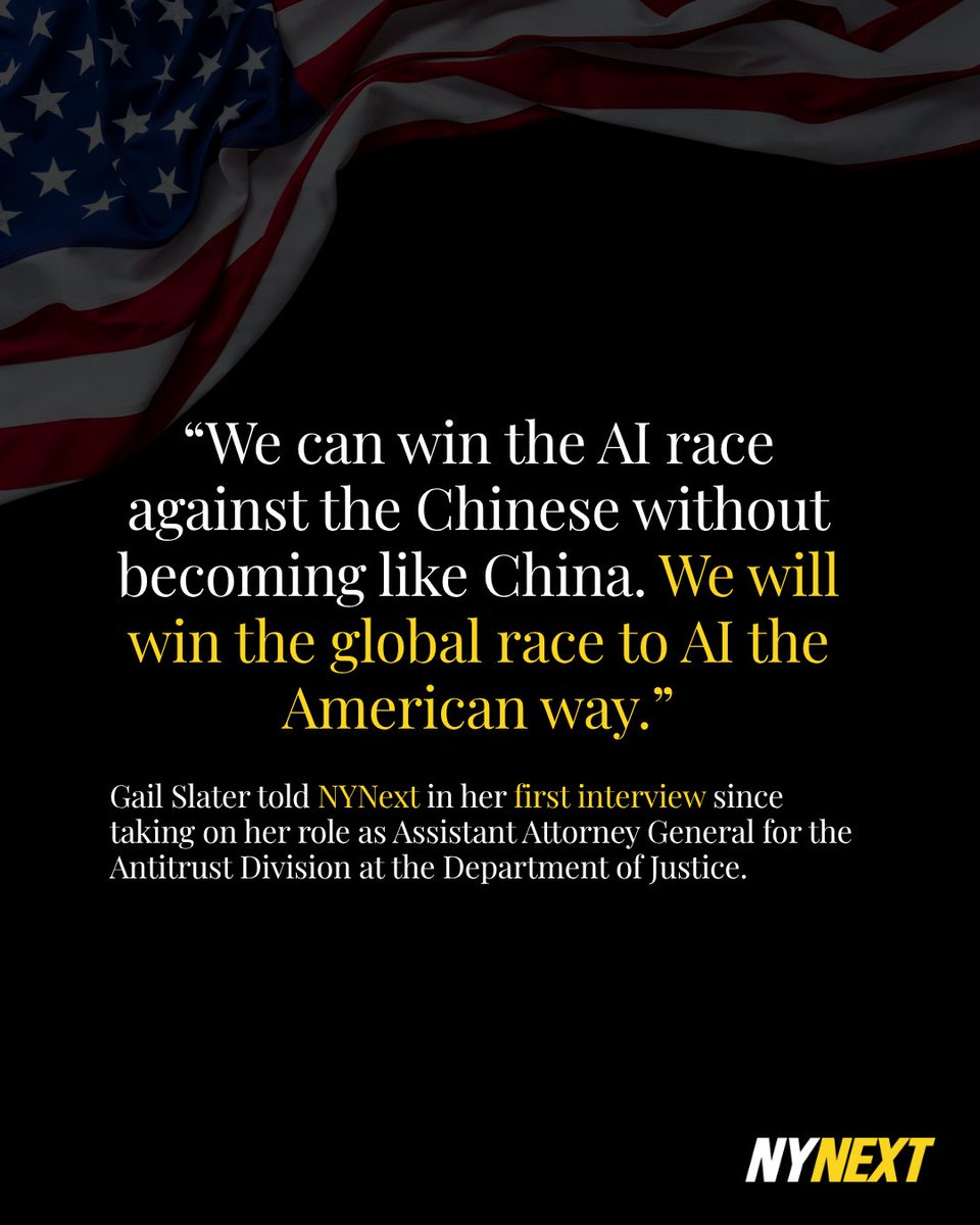 NYNext (@_nynext) on Twitter photo EXCLUSIVE: <a href="/LJMoynihan/">Lydia Moynihan</a> spoke with Trump’s head of antitrust, Gail Slater, in her first interview since taking on the DOJ role. From cracking down on monopolies to competing with China on AI, Slater says: “We can win the AI race without becoming like China.” EXCLUSIVE: <a href="/LJMoynihan/">Lydia Moynihan</a> spoke with Trump’s head of antitrust, Gail Slater, in her first interview since taking on the DOJ role. From cracking down on monopolies to competing with China on AI, Slater says: “We can win the AI race without becoming like China.”