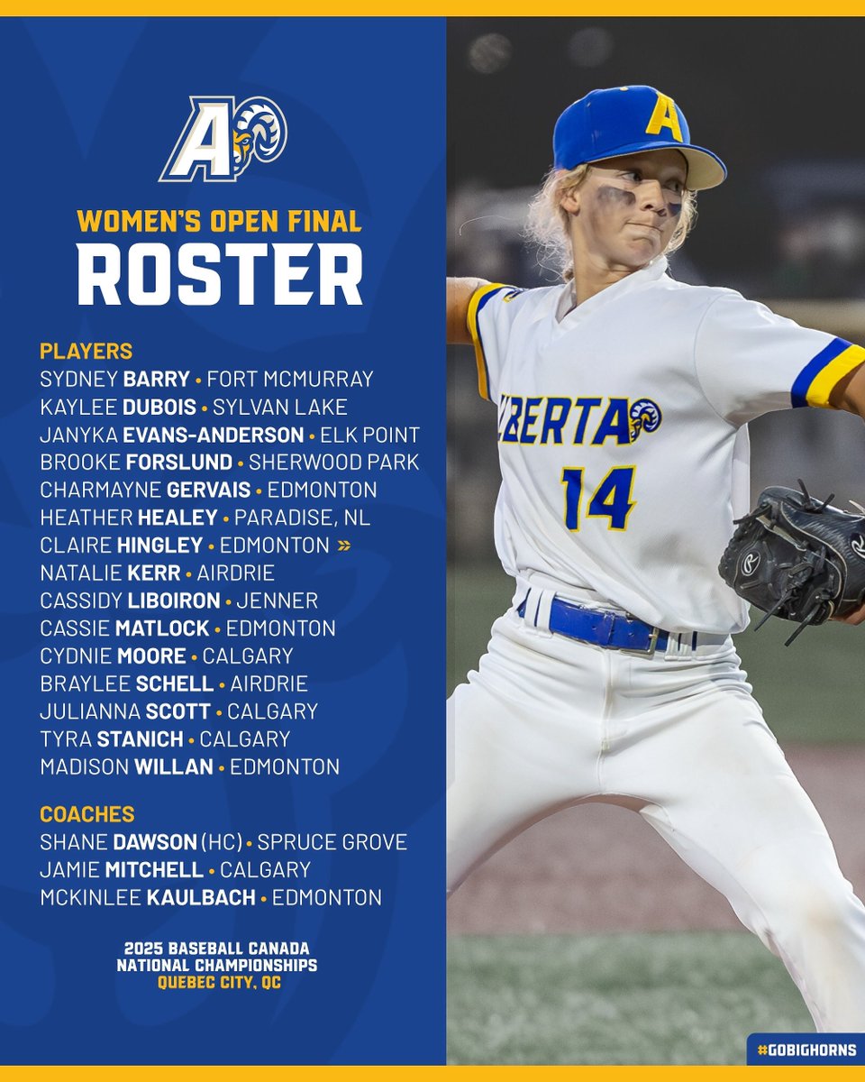 TeamAlbertaBSB's tweet image. Heading all the way East: Women’s Open Roster is Set ✅
Looking for gold, these ladies are headed to Quebec City for the @baseballcanada Nationals from August 7–10! 👊
#GoBighorns 🐏