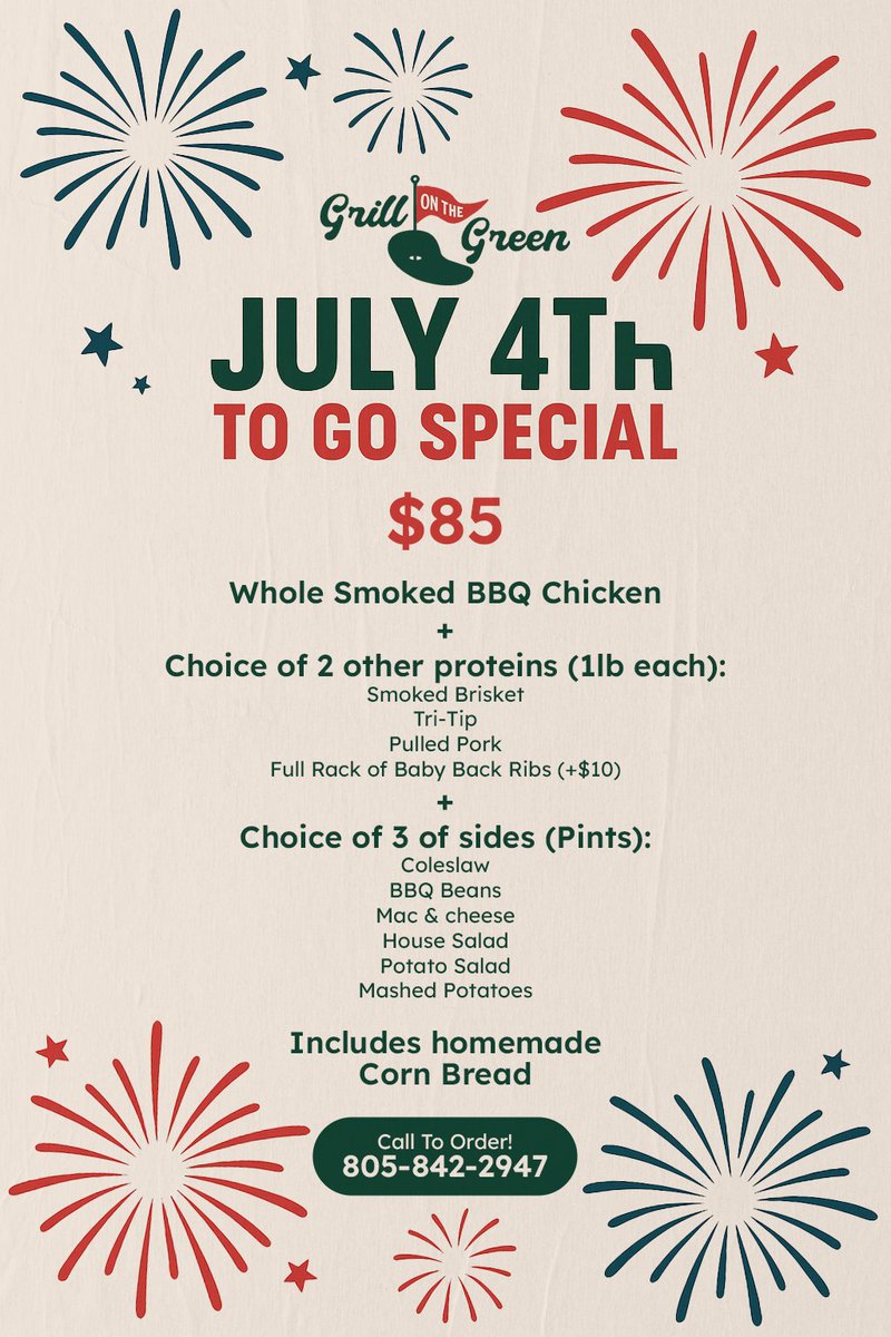 Great music, food and views at Grill on the Green Simi this Fourth of July! Leigh Vance and friends will entertain from 6 to 9 p.m. Ordering to go? Get a smoked BBQ chicken, your choice of two other proteins and three sides, plus homemade cornbread for $85. Call 805-842-2947. #ad