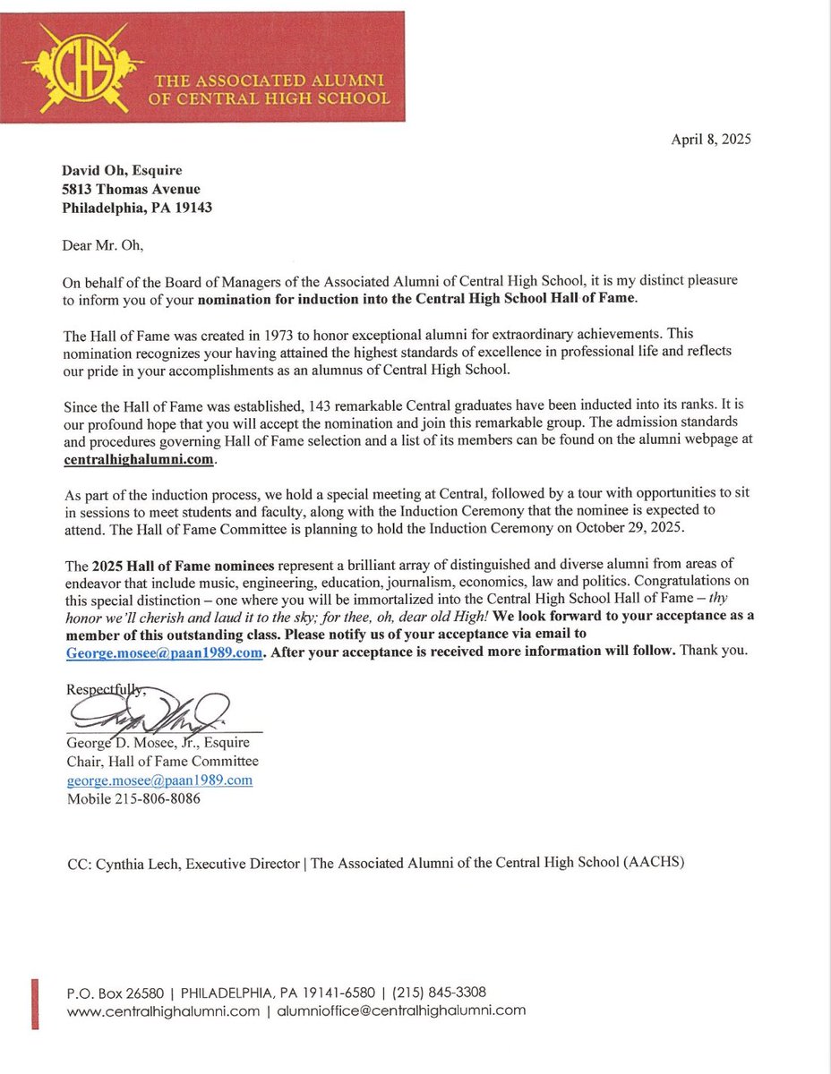 Board of Managers of the Associated Alumni of Central High School nominated me for induction into the Hall of Fame. I accepted. Thank you for the honor <a href="/Centralalums/">CHSPhiladelphia</a>.