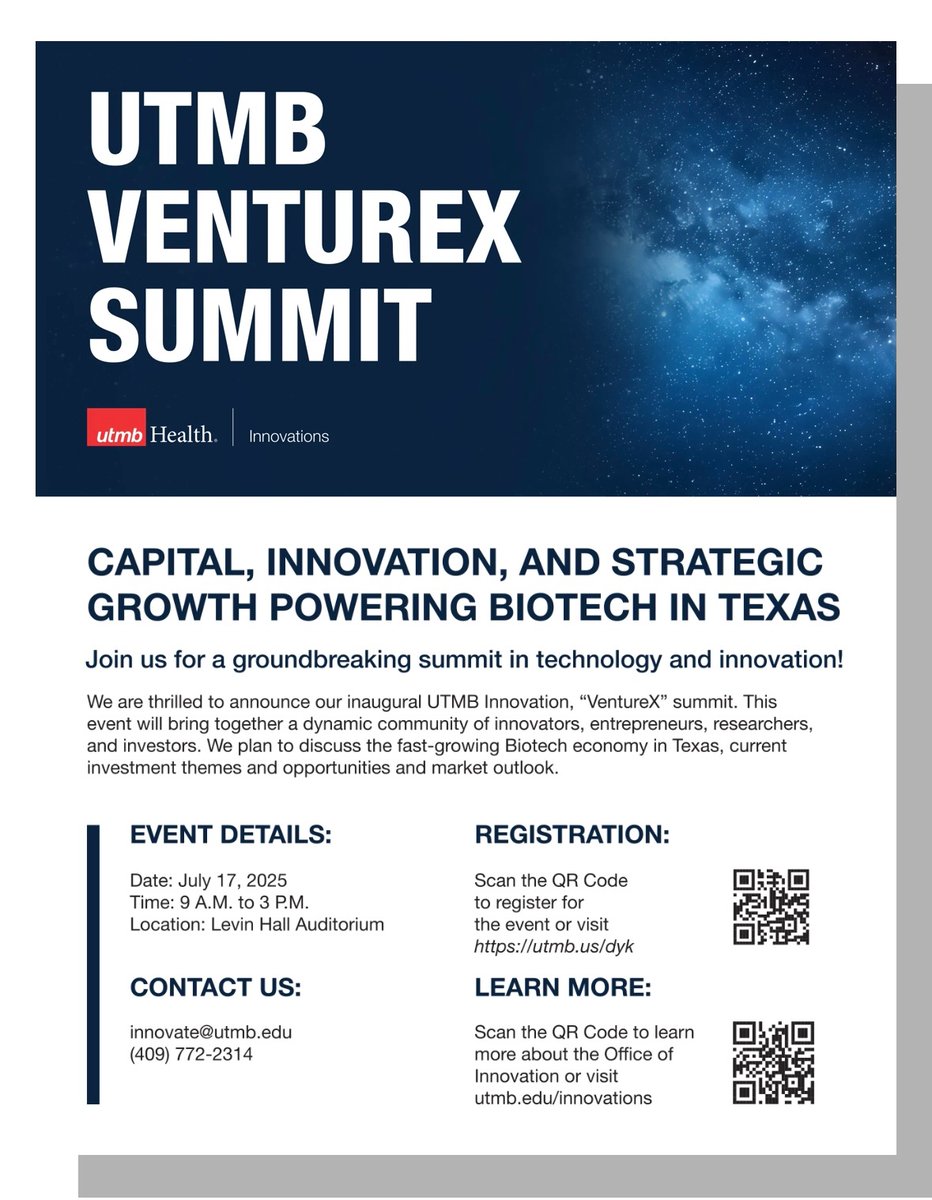 UTMBinnovations's tweet image. 📣 2 WEEKS to go!!! Only a few spots left.
🚀 Exciting UTMB Innovations VentureX Summit | July 17, 2025 | Amazing lineup of SPEAKERS & Agenda!
Register here
utmb.us/dyk
lnkd.in/evFkxqr7