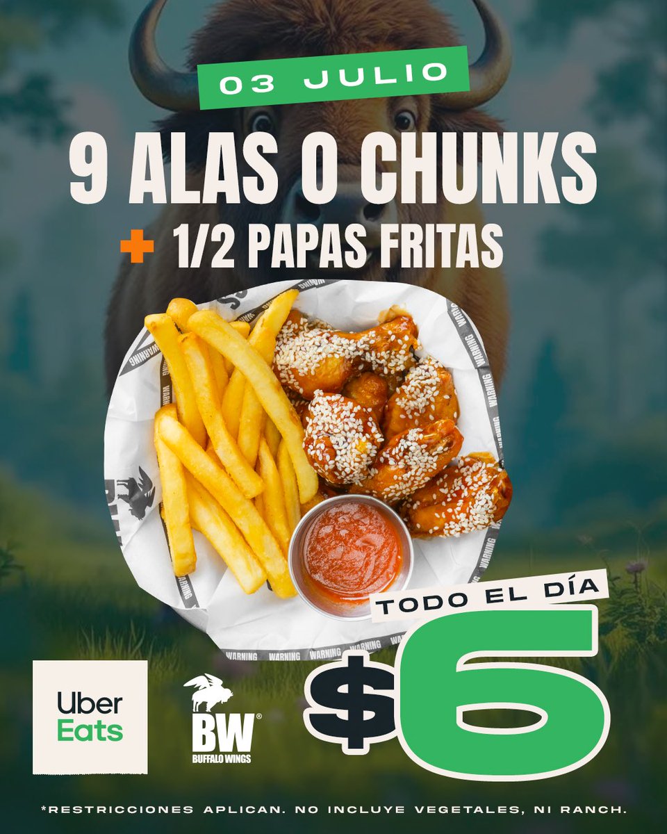 Hoy, 3 de julio, 9 alas ó chunks + 1/2 orden de papas fritas $6 🔥Válido todo el día desde las 11:30am. Únicamente a través de Uber Eats.