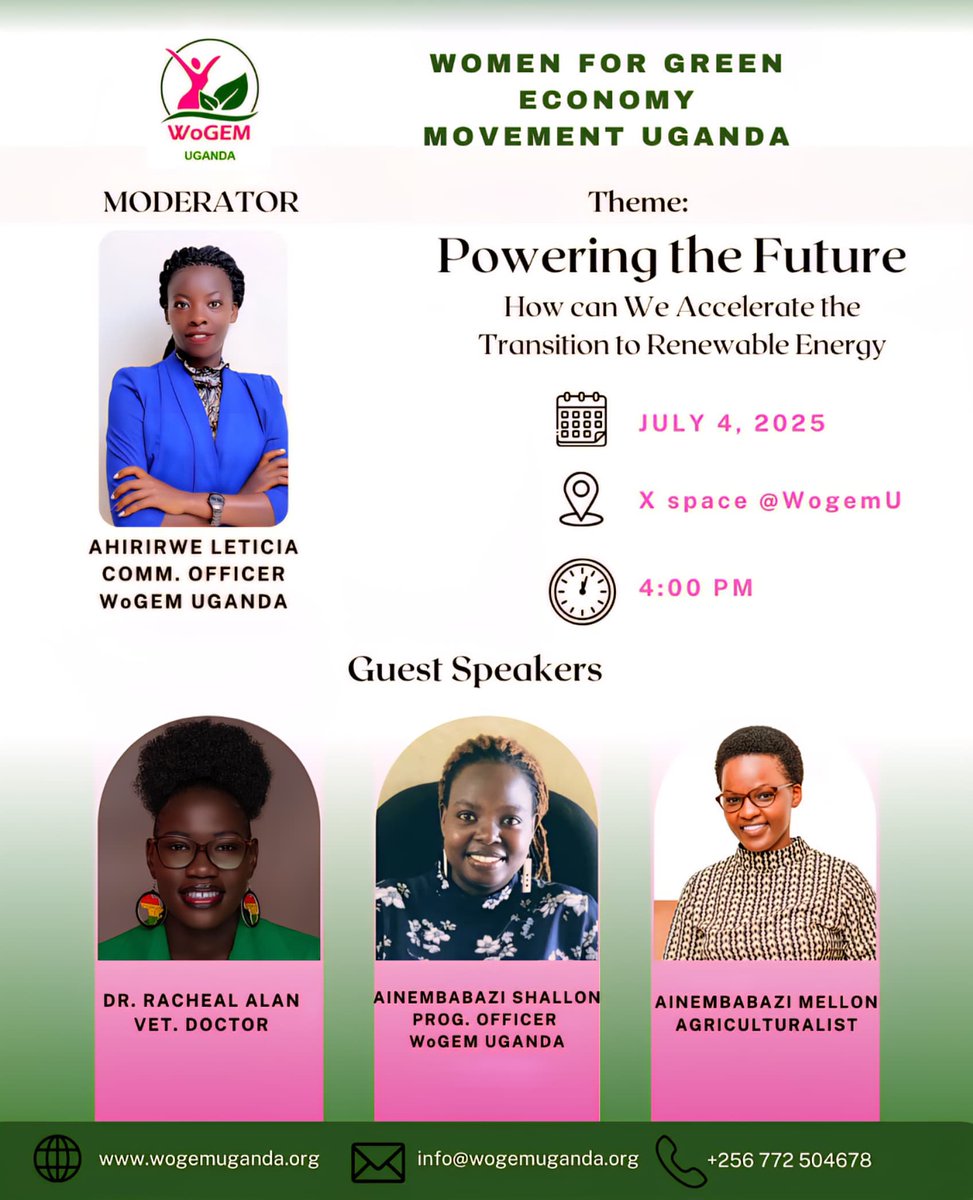 Women for Green Economy Movement Uganda (@wogemu) on Twitter photo Don't miss out #Tomorrow❗❗❗❗❗❗‼️
Join our #space as we accelerate the transition to #RenewableEnergy
<a href="/ACEJUganda/">Action for climate and environmental justice</a> <a href="/stopEACOP/">StopEACOP</a> <a href="/oxfamgb/">Oxfam</a>
<a href="/YCED_Uganda/">Youth Concern on Environment &Development</a> <a href="/WemUganda/">Women on Environment Mission</a> <a href="/ejfoundation/">Environmental Justice Foundation</a> <a href="/WHRDNU/">Women Human Rights Defenders Network- Uganda</a>
Time :4pm
📍: X
(Link):x.com/i/spaces/1djGX… Don't miss out #Tomorrow❗❗❗❗❗❗‼️
Join our #space as we accelerate the transition to #RenewableEnergy
<a href="/ACEJUganda/">Action for climate and environmental justice</a> <a href="/stopEACOP/">StopEACOP</a> <a href="/oxfamgb/">Oxfam</a>
<a href="/YCED_Uganda/">Youth Concern on Environment &Development</a> <a href="/WemUganda/">Women on Environment Mission</a> <a href="/ejfoundation/">Environmental Justice Foundation</a> <a href="/WHRDNU/">Women Human Rights Defenders Network- Uganda</a>
Time :4pm
📍: X
(Link):x.com/i/spaces/1djGX…