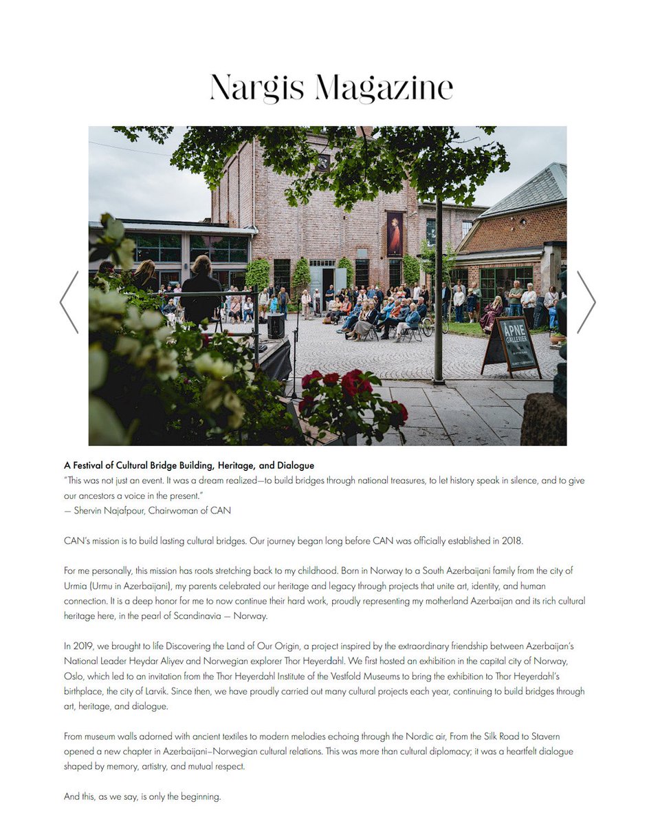 SherviNajafpour's tweet image. We are deeply grateful to @NargisMagazine for their beautiful feature on our cultural bridge building event From the Silk Road to Stavern during the East and Earth Festival at the Nerdrum Museum. 🇳🇴♥️🇦🇿
nargismagazine.az/en/articles/fr…
@CAN_Norway @nigaribr7