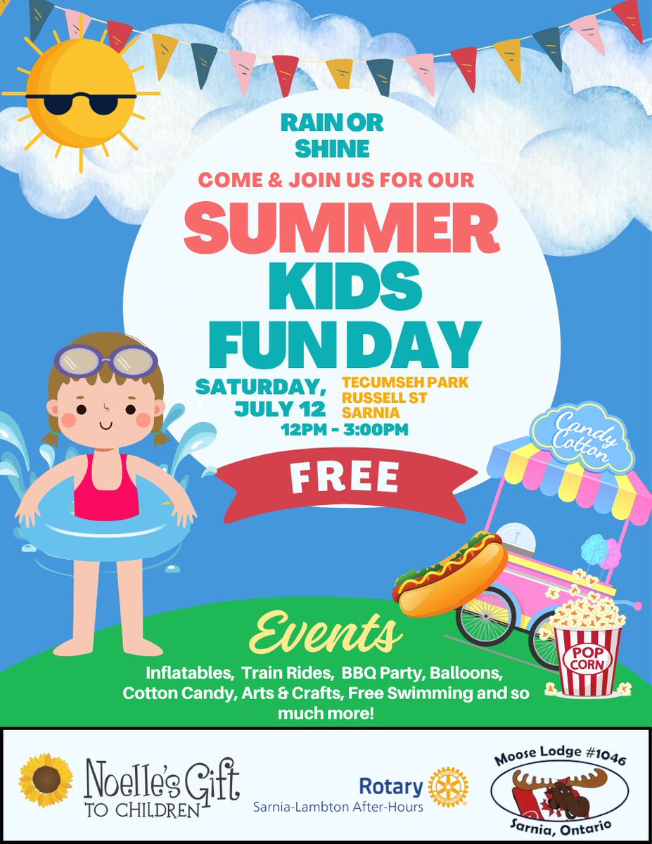 1 week to go! 🎉 Join us for Kids Summer Fun Day on Sat, July 12 from 12–3PM at Tecumseh Park! Free swimming, crafts, BBQ, inflatables &amp; more. FREE entry, rain or shine! 💛 #NoellesGift #SarniaEvents