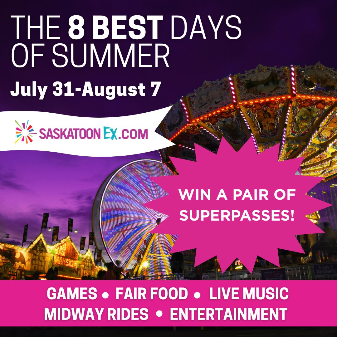 🎡The Saskatoon EX is BACK! 🎉
Get ready for 8 epic days of rides, games, food &amp; fun at Prairieland from July 31 to August 7!

Wanna check it out??
Head to cruzfm.com for your chance to win a pair of Superpasses! 🎟️